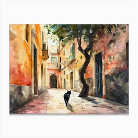Black Cat In Bari, Italy, Street Art Watercolour Painting 4 Canvas Print