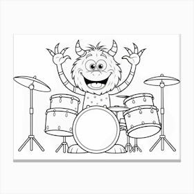 Black And White Cartoon Monster Playing Drums Canvas Print