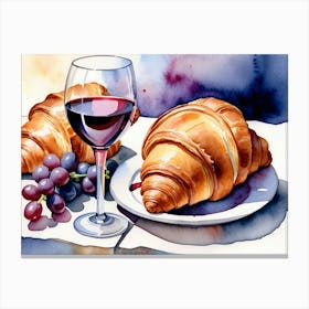 Croissant and Wine watercolor painting 2 Canvas Print