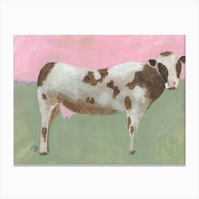 Cow On Olive Green And Pink - farm animal white brown cow hand painted Canvas Print