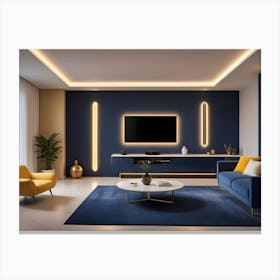 A Modern Living Room Interior With A Blue Sofa, Yellow Armchair, A Tv With Blue Accent Lighting, And A Blue Rug Canvas Print