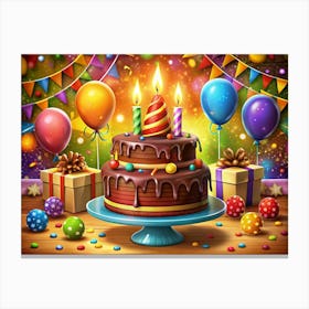 Festive Chocolate Cake With Candles And Balloons Canvas Print