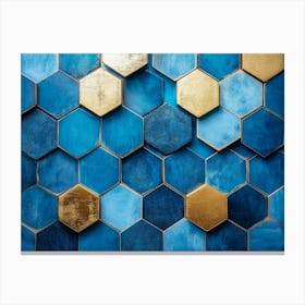 Geometric Hexagon Abstraction On Blue Background With Gold Accents Canvas Print