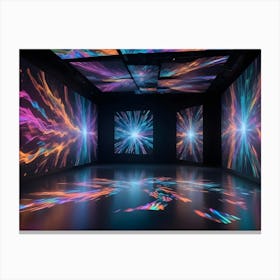 An Empty, Dark Room With A Reflective Floor And Three Screens Displaying Abstract, Colorful, Glowing Patterns Resembling Fireworks Or Galaxies Canvas Print