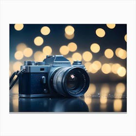 A Still Life Image Of A Vintage Camera With A Black Strap On A Table With A Blurred Background Of Golden Bokeh Lights Canvas Print