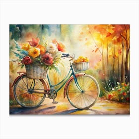 A Basket Of Fresh Flowers On A Bicycle Surrounde Canvas Print