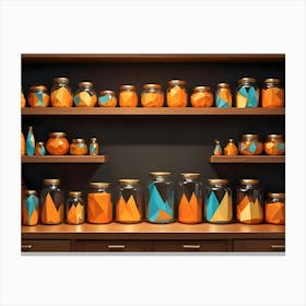 A Still Life Image Of A Wooden Shelf Filled With Glass Jars Canvas Print