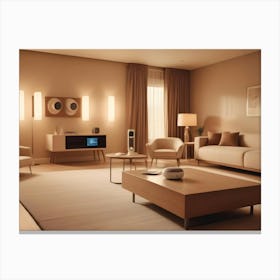 A Modern Living Room Interior With A White Sofa, Two Armchairs, A Coffee Table, A Tv, And Floor Lamps Canvas Print