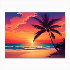 A Tranquil Beach At Sunset Horizontal Illustration 24 Canvas Print