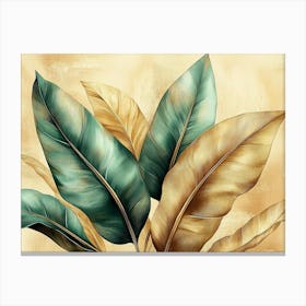 Vintage Tropical Green Brown Leaves, Beige Background, Golden Texture 4 Canvas Print