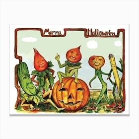 Merry Vegetables In Garden With Carved Pumpkin, Halloween Poster Canvas Print