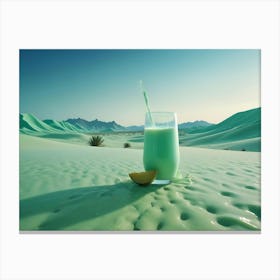 A Glass Of Green Smoothie Stands On A Green, Sandy Desert With Palm Trees In The Background Canvas Print