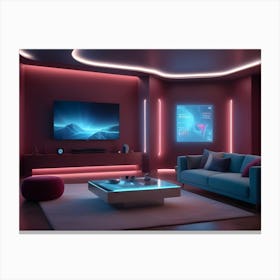 A Modern Living Room Interior With A Blue Sofa, A White Coffee Table, And A Futuristic Screen Displaying A Digital Interface Canvas Print