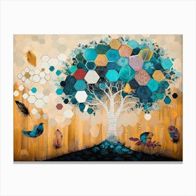 Turquoise Tree And White Lattice On Oak, With Multicolored Hexagons And Feather Accents 1 Canvas Print