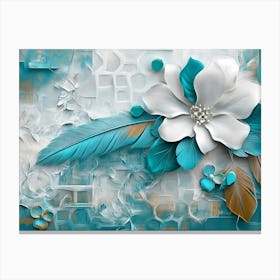 Abstract With White Lattice, Turquoise Elements and Feather Details On A Floral Base Canvas Print