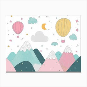 Hand Drawn Childish Art With Mountains, Balloons And Clouds 5 Canvas Print