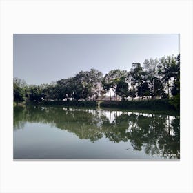 Tress beside a river creating a beautiful scenery in between blue sky Canvas Print