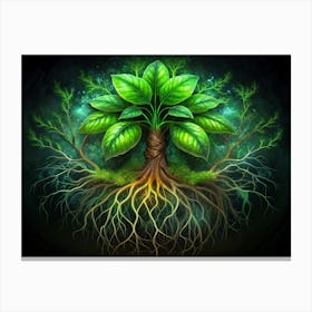 Mystical Tree With Twisted Roots And Green Leaves On Dark Background Canvas Print