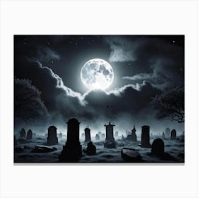 Full Moon Illuminating A Night Sky Clouded By Whispers Of Fog Gravestones Silhouetted Against The E (1) Canvas Print