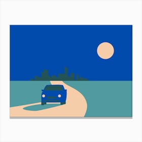 Blue Car On Road At Night vector illustration Canvas Print