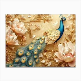 3d Artwork Peacock Illustration Background With Golden Jewelry And Flowers 2 Canvas Print