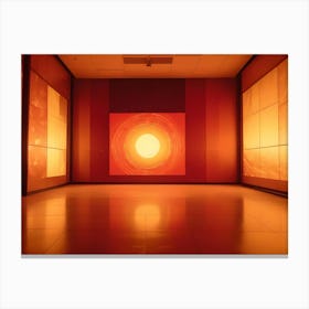 A Modern, Futuristic Interior With A Large, Square Screen Displaying A Glowing, Orange Sun Against A Swirling Background Canvas Print