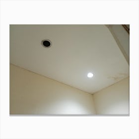 The ceiling is white and has two holes for light bulbs, but only one of them is currently lit. Canvas Print