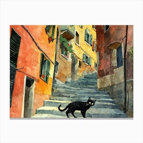 Black Cat In Rome, Italy, Street Art Watercolour Painting 6 Canvas Print