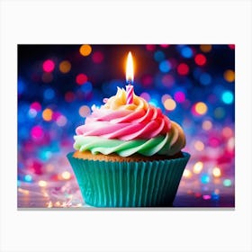 Cupcake With Vibrant Swirls Of Pink Blue And Green Frosting Single Lit Candle Atop Celebrating A (6) Canvas Print