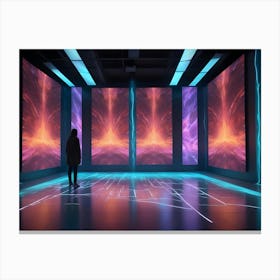 A Woman In A Dark Coat Stands In A Futuristic, Neon Lit Room With Four Large Screens Displaying Abstract Patterns Canvas Print