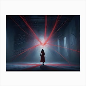 A Woman In A Red Dress Stands In A Dark Room With A Glowing Light Source In The Center Canvas Print