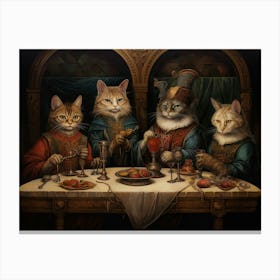 Regal Blue & Red Cats Feasting At A Banquet Canvas Print