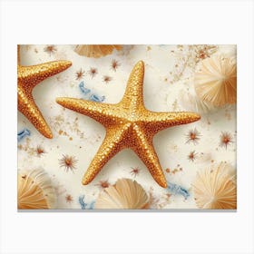 Seamless Golden Starfish Pattern, Sea Creatures, Textured Background Canvas Print