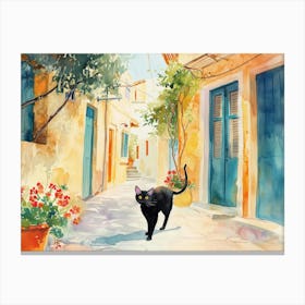 Heraklion, Greece   Cat In Street Art Watercolour Painting 3 Canvas Print