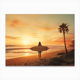 Surfer Girl At Sunset.Surf's Up: A Woman's Beachside Stand with Her Board. Wave Warrior: A Surfboard Woman at the Beach. Canvas Print