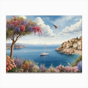  Oil Painting of Mediterranean Coastal Town Canvas Print