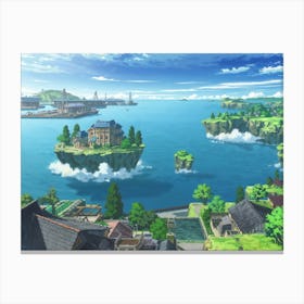 Bright Liyue Harbor With Dragonspine And Floating Islands Canvas Print