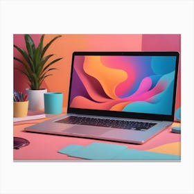 A Laptop With A Colorful Abstract Background On The Screen, Sitting On A Pink Desk With Assorted Office Supplies And Plants Canvas Print