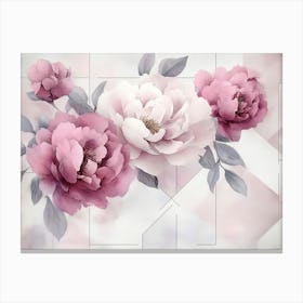 Beautiful 3d Watercolor Peonies in Rose Color with Geometrical Canvas Print