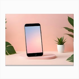 Photo Of A Smartphone On A Pink Stand With Plants And A Pink Background Canvas Print