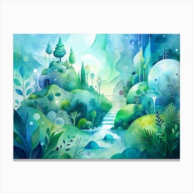 Dreamlike Watercolor Landscape With A Bridge And River Canvas Print