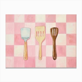 Kitchen Utensils Pink Checkerboard Canvas Print