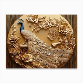 Golden 3d Peacock Floral Wooden 1 Canvas Print