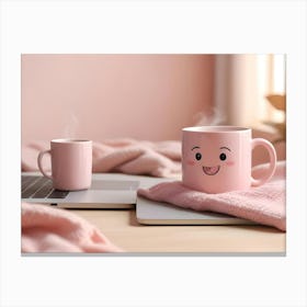 A Cozy Scene With A Laptop Computer, Two Mugs Of Hot Drinks, And A Pink Blanket Canvas Print