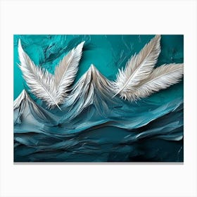 Vibrant 3d Abstract Teal Background Shimmering Silver Feathers Bold Volcanic Peaks Canvas Print