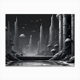 A Black And White, Pixelated Illustration Of A Futuristic Cityscape With Tall Buildings, Trees, And A River Canvas Print