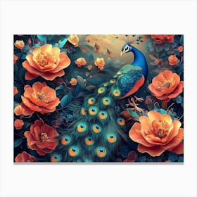 Peacock And Roses Canvas Print