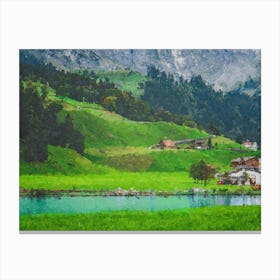 Serene Village Near Mountains And River, Oil Painting Canvas Print