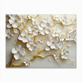 3d Floral Tree With White Flowers And Delicate Leaves On Golden Stems Canvas Print