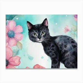 Black Cat With Flowers Canvas Print